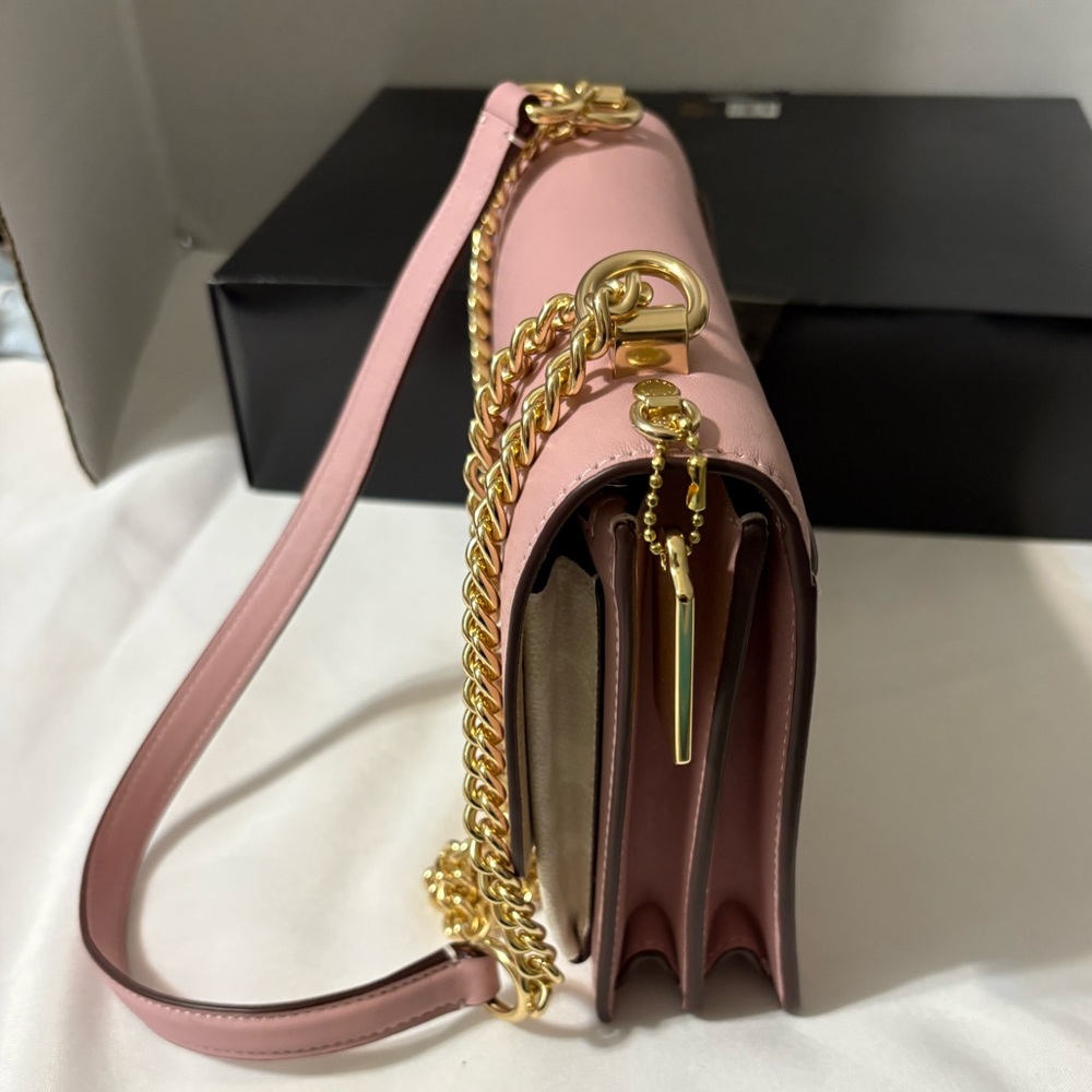 Coach Klare Crossbody Bag Signature Canvas Leather Pink Cream gold chain strap - Picture 15 of 16